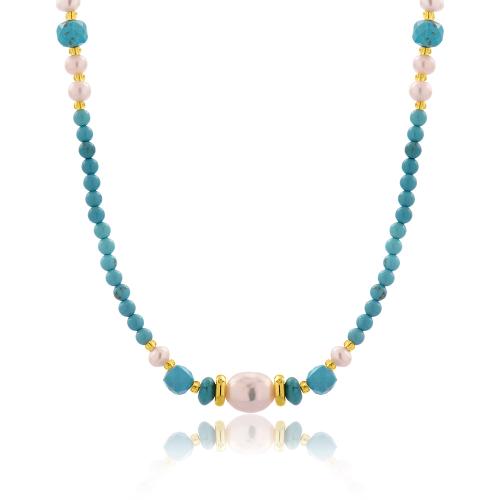 24Κ Yellow gold plated brass necklace, with turquoise semi precious stones and pearls.