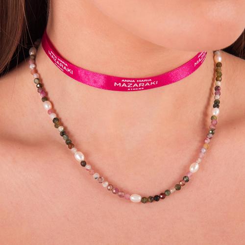 Cord necklace with tourmaline and pearls.
