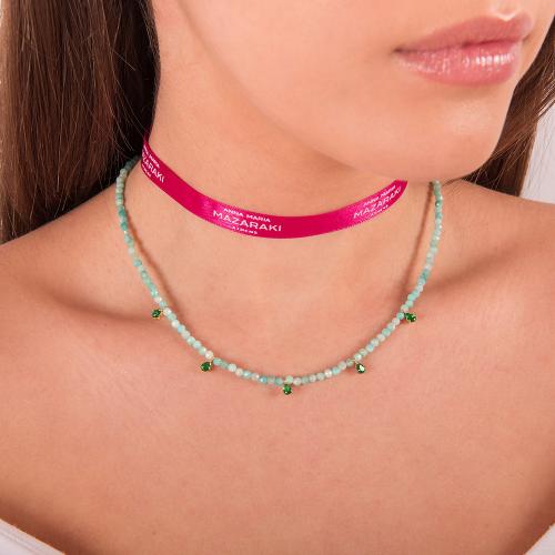 Cord necklace with amazonite and green solitaires.