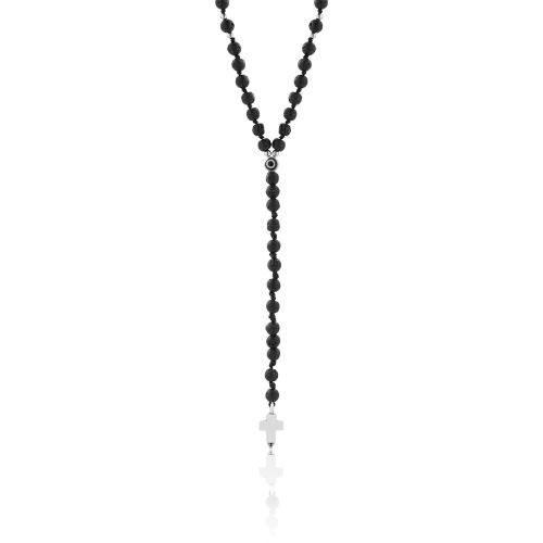 Men's rosary necklace, cross and black semi precious stones.