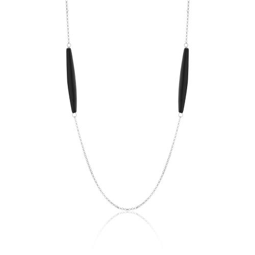 Rhodium plated brass necklace, black enamel bars.