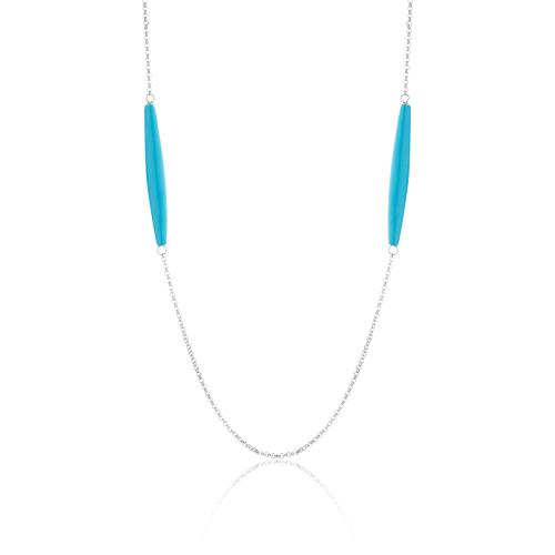 Rhodium plated brass necklace, turquoise enamel bars.