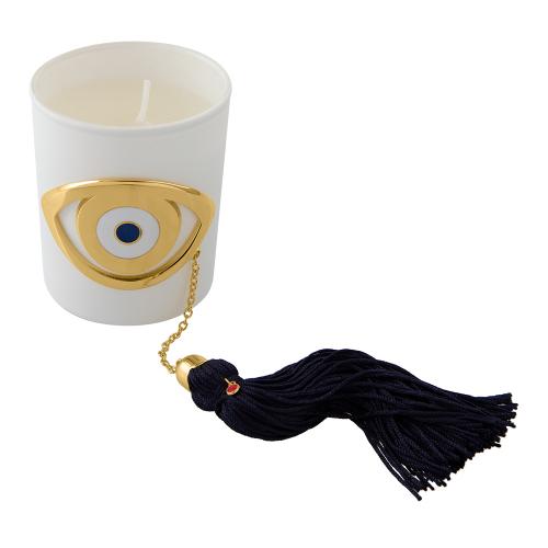 Vanilla scented candle, enamel evil eye and navy blue tassel.