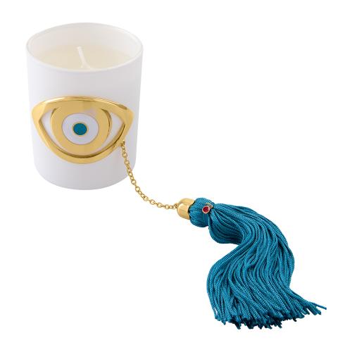 Vanilla scented candle, enamel evil eye and light blue tassel.