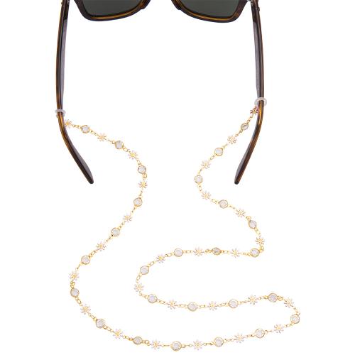 Sunglasses chain, yellow gold plated alloy, daisies and solitaires.