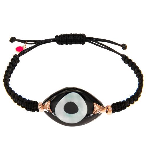 Black macrame bracelet, resin mother of pearl black evil eye.