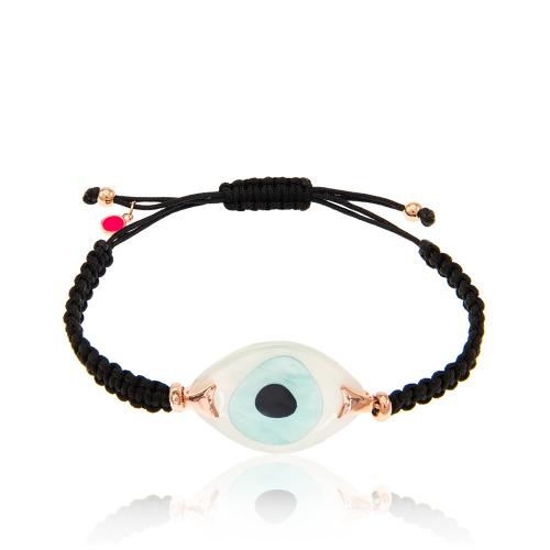 Black macrame bracelet, resin mother of pearl white evil eye.