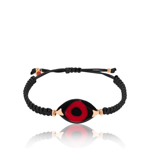 Black macrame bracelet, resin mother of pearl black and red evil eye.
