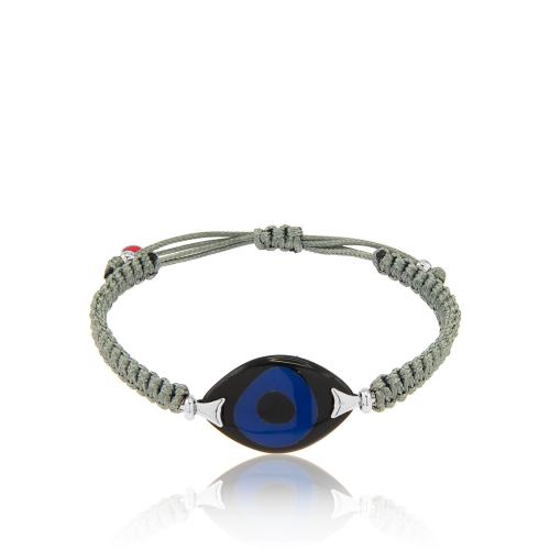 Grey macrame bracelet, resin mother of pearl black and blue evil eye.