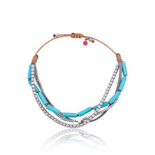 Unisex brown macrame bracelet, hemitite and turquoise semi precious stones.