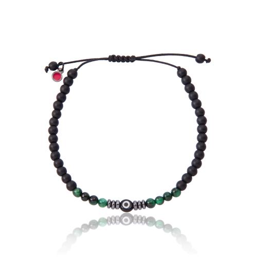 Black macrame bracelet, black and green semi precious stones and evil eye.