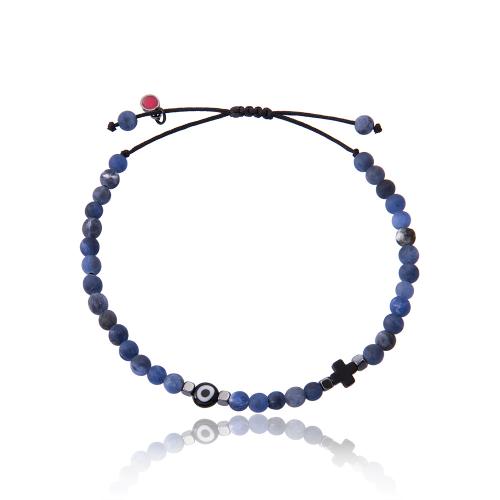 Black macrame bracelet, blue semi precious stones, black rhodium plated alloy cross and evil eye.