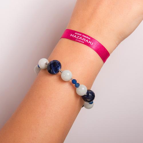 Silicone bracelet with blue lapis, aimatite and pearls.