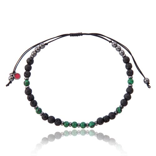 Black macrame bracelet, hematite with green stones.
