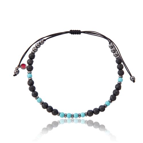 Black macrame bracelet, with hematite and turquoise stones.
