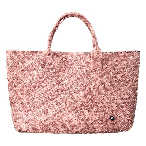 Pink snake print braided shoulder bag, eco leather with enamel evil eye. Dimensions 52x32cm.