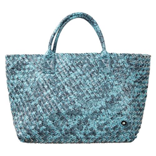 Light blue snake print braided shoulder bag, eco leather with enamel evil eye. Dimensions 52x32cm.