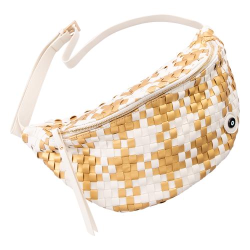Τσάντα crossbody-χιαστή πλεκτή, λευκό και χρυσό οικολογικό δέρμα με μάτι από σμάλτο. Διαστάσεις 40x22εκ.