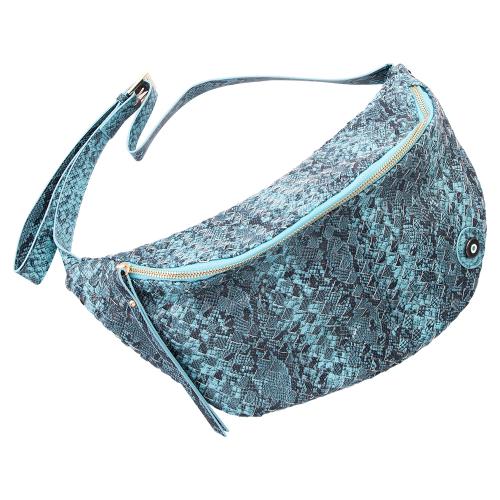 Light blue snake print braided belt bag, eco leather with enamel evil eye. Dimensions 40x22cm.