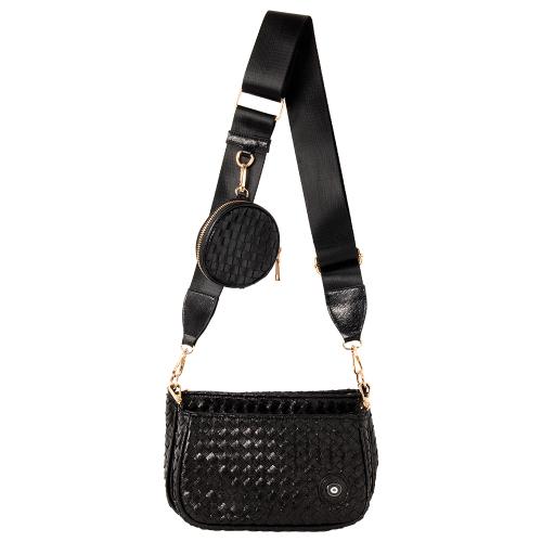 Shoulder and cross body bag, 3 adjustable accessories, metallic black eco leather with enamel evil eye. Dimensions 25x15cm.