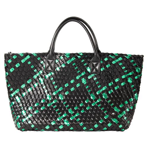 Braided shoulder bag, metallic black and green eco leather with enamel evil eye. Dimensions 52x32cm.