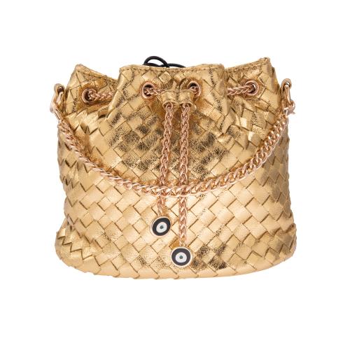 Metallic gold eco leather bucket bag, detachable chain and enamel evil eye. Dimensions 23x17cm.