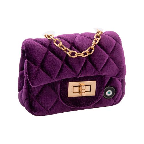 Shoulder bag, purple velvet, enamel evil eye. Dimensions 13 x 10cm.