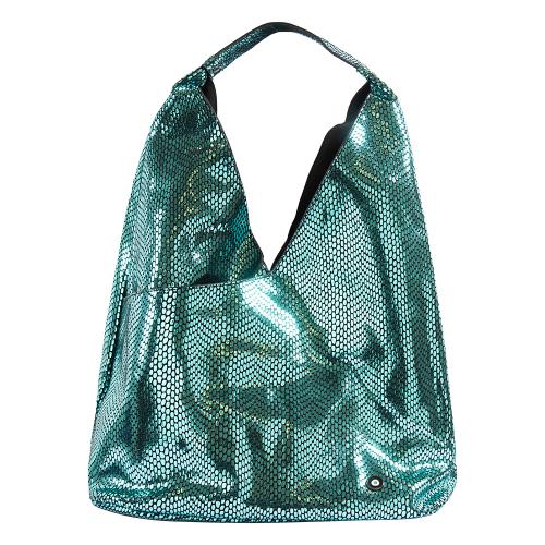 Shoulder bag, metallic green suede leather with enamel evil eye. Dimensions 42x25cm.