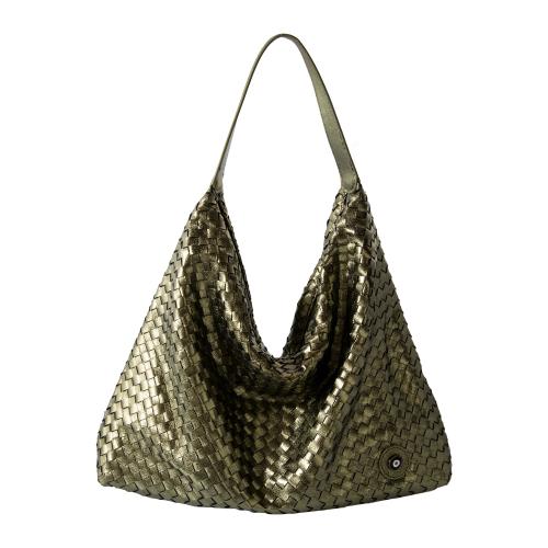 Braided shoulder bag, metallic olive eco leather with enamel evil eye. Dimensions 45x32cm.
