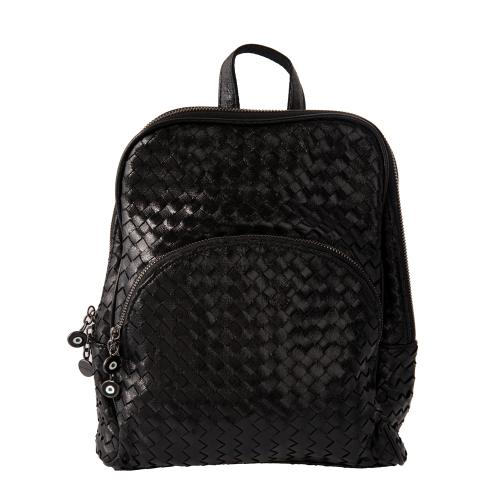 Metallic black eco leather backpack, enamel evil eye. Dimensions 35x25cm.