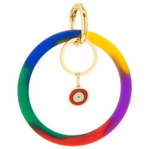 Multicolor silicone key ring-bracelet , 24Κ Yellow gold plated brass and red enamel evil eye.
