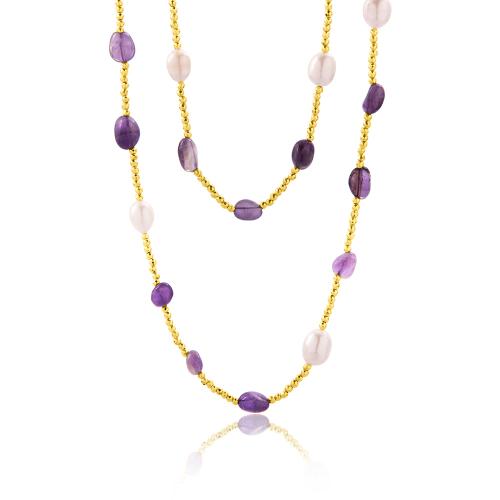 Cord necklace with gold aimatite, pearls and amethyst.
