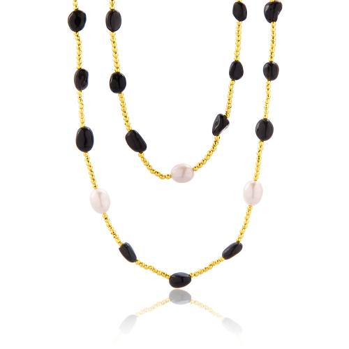 Cord necklace with gold aimatite, pearls and onyx.