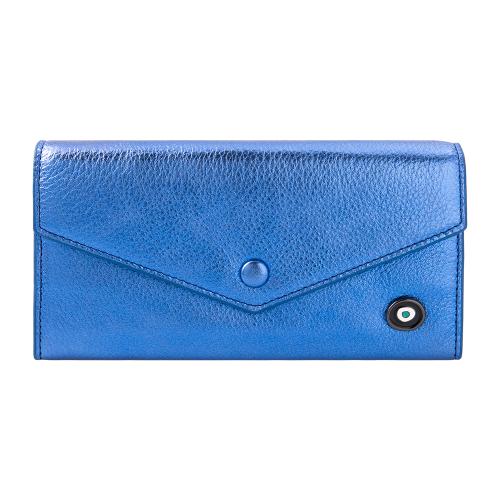 Metallic blue leather wallet, enamel evil eye. Dimensions 19x10cm.