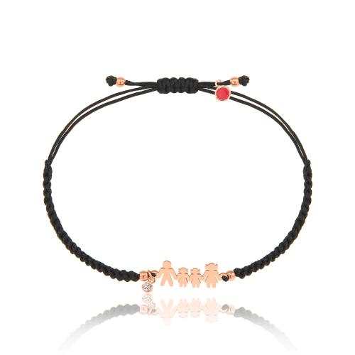 Macrame black bracelet, rose gold plated sterling silver family with girls, white cubic zirconia.