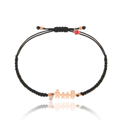 Macrame black bracelet, rose gold plated sterling silver family with boys, white cubic zirconia.