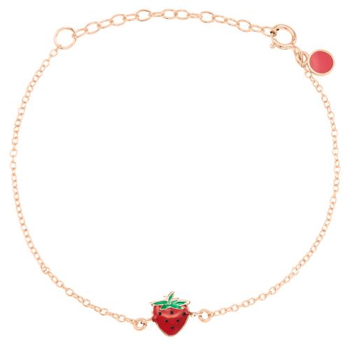 Rose gold plated sterling silver children"s bracelet, red enamel strawberry.