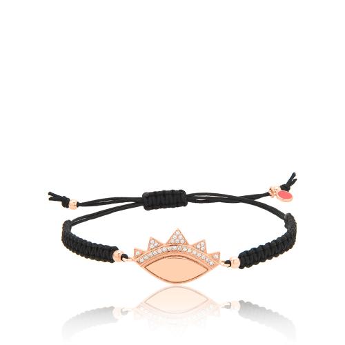 Black macrame bracelet, rose gold plated sterling silver evil eye with white cubic zirconia crown.