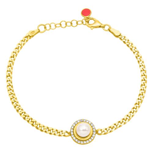 Yellow gold plated sterling silver bracelet, pearl and white zirconia.
