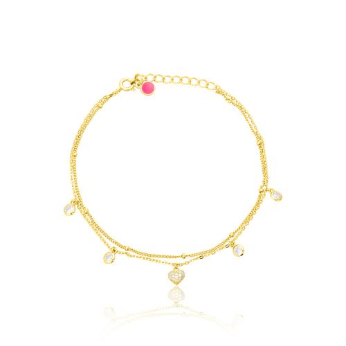 Yellow gold plated sterling silver bracelet, cubic zirconia heart and solitaires.