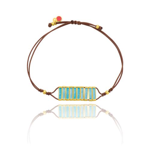 Brown macrame bracelet, yellow gold plated sterling silver, turquoise enamel bars.