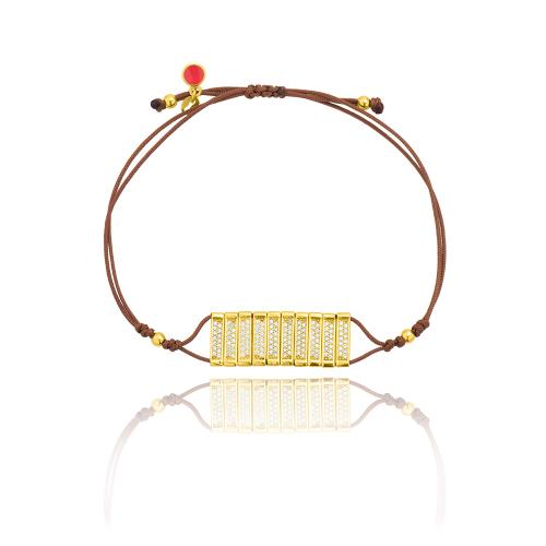 Brown macrame bracelet, yellow gold plated sterling silver, white cubic zirconia bars.