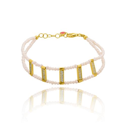 Yellow gold plated sterling silver bracelet, pearls and white cubic zirconia bars.