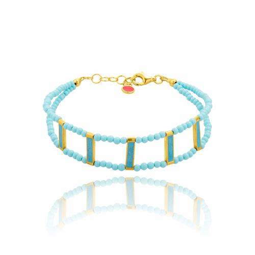 Yellow gold plated sterling silver bracelet, turquoise semi precious stones and turquoise enamel bars.