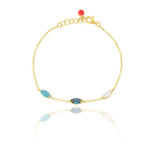 Yellow gold plated sterling silver bracelet, different blue semi precious stones teardrop.