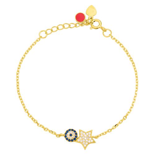 Yellow gold plated sterling silver bracelet, white and blue cubic zirconia evil eye and star.