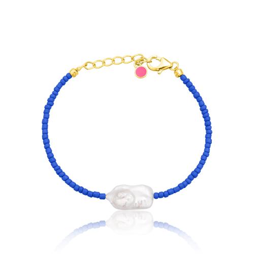24Κ Yellow gold plated sterling silver bracelet, pearl and blue beads.