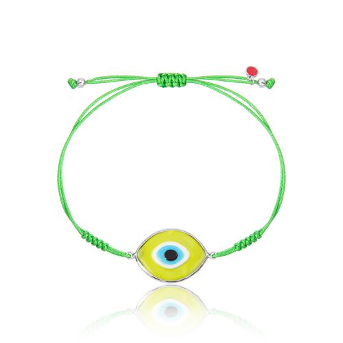 Green macrame sterling silver bracelet, Murano glass evil eye.