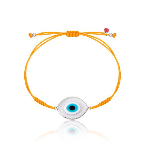 Orange macrame sterling silver bracelet, Murano glass evil eye.