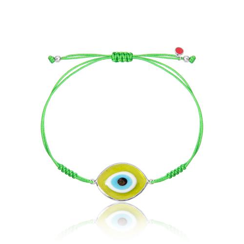 Green macrame sterling silver bracelet, Murano glass evil eye.